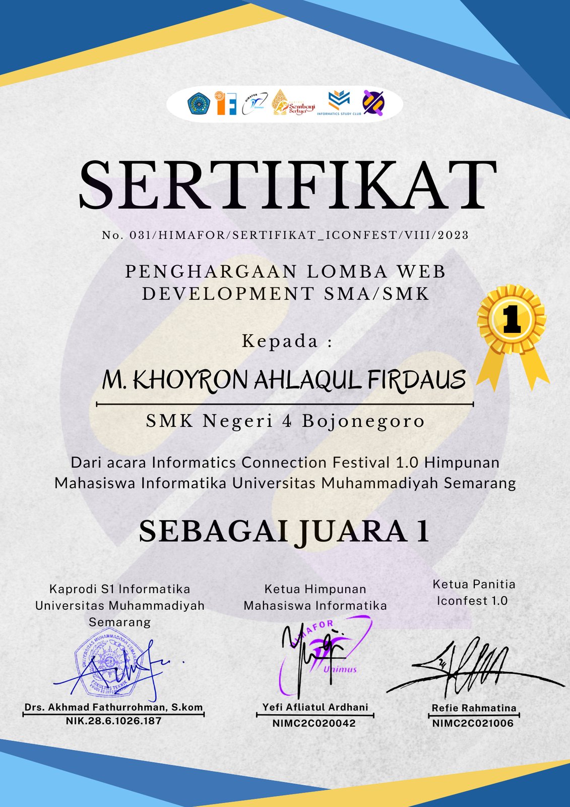 Juara 1 Web Development SMA/SMK ICONFEST 1.0