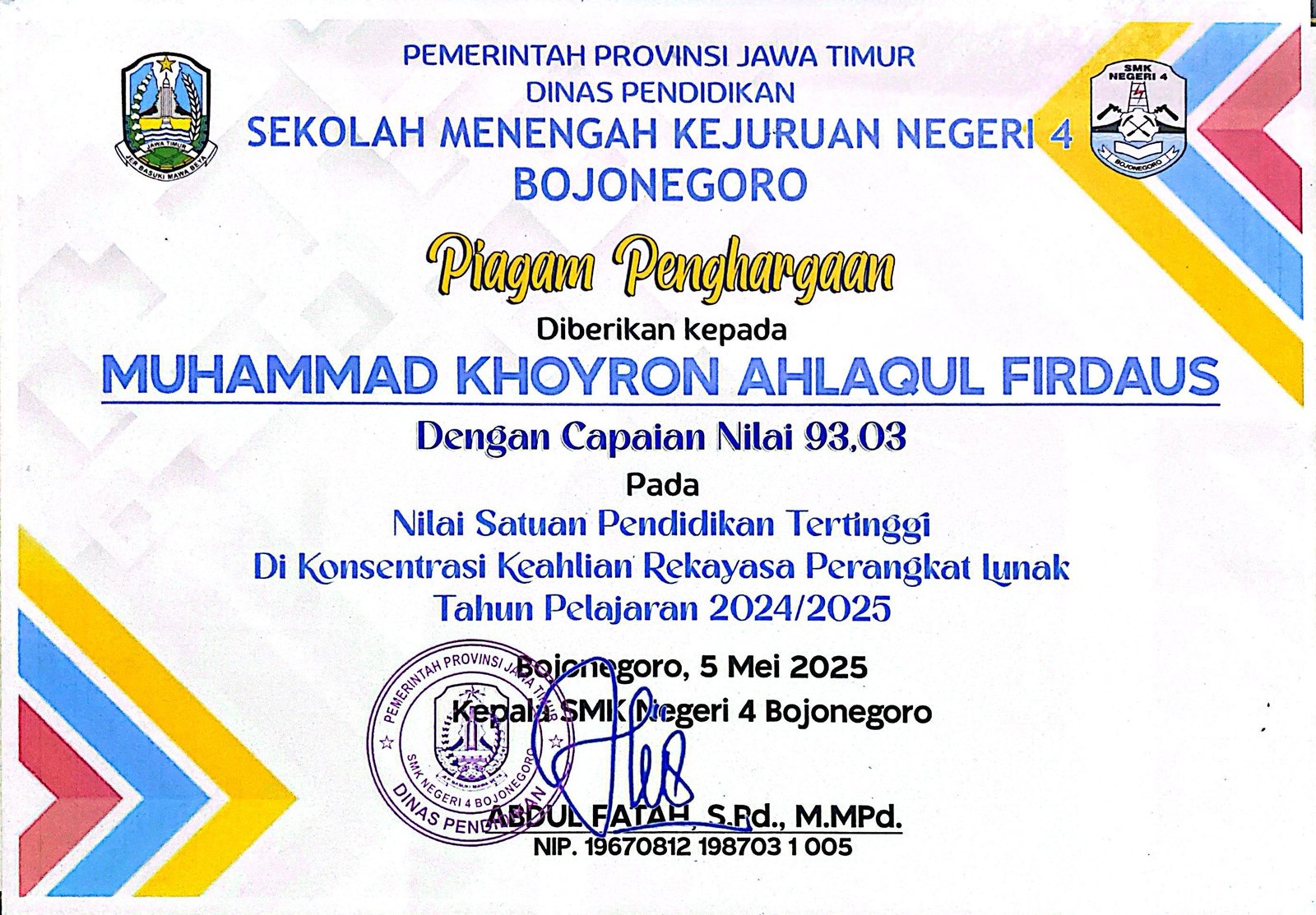 Peringkat 1 / Nilai Satuan Pendidikan Tertinggi Keahlian RPL